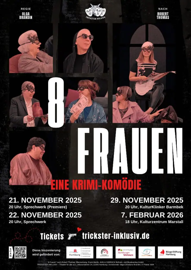 Theater-Plakat von "8 Frauen", die Krimi-Koomödie 2025-2026 von TRICKSTER INKLUSIV Theater für alle e.V., Regie: Olga Brandin, Hamburg